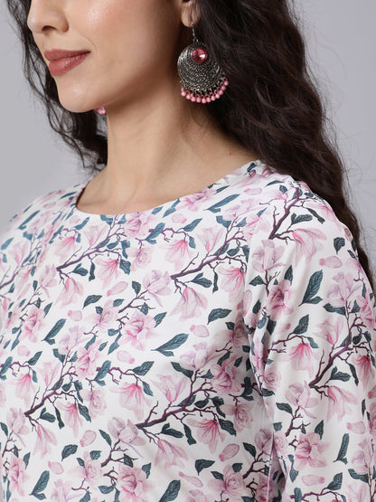 Off White Printed Flared Dress With Three Quarter Sleeves