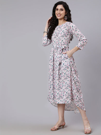Off White Printed Flared Dress With Three Quarter Sleeves