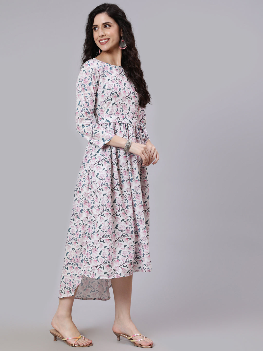 Off White Printed Flared Dress With Three Quarter Sleeves