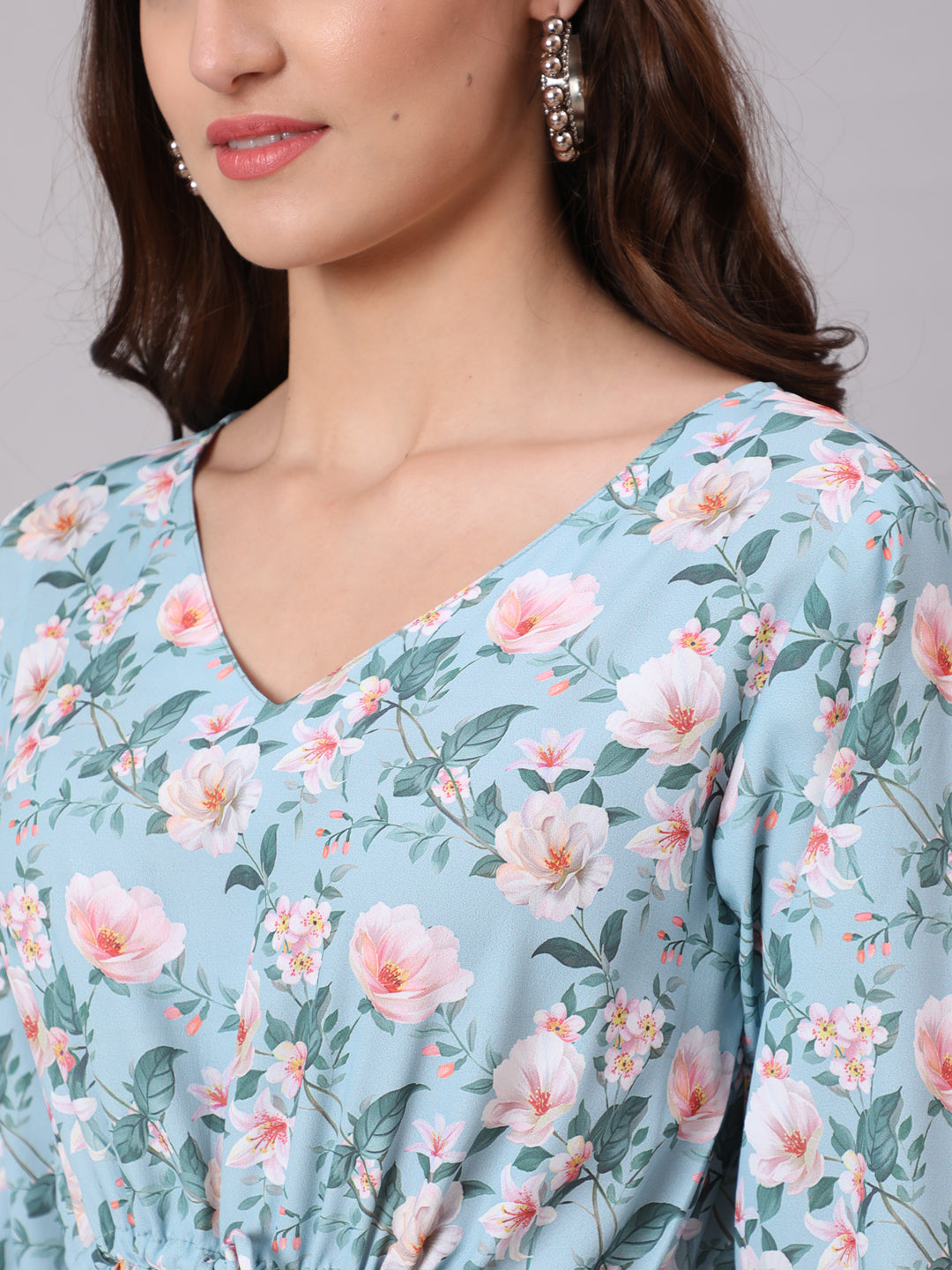 Green Printed Flared Dress With Three Quarter Sleeeves