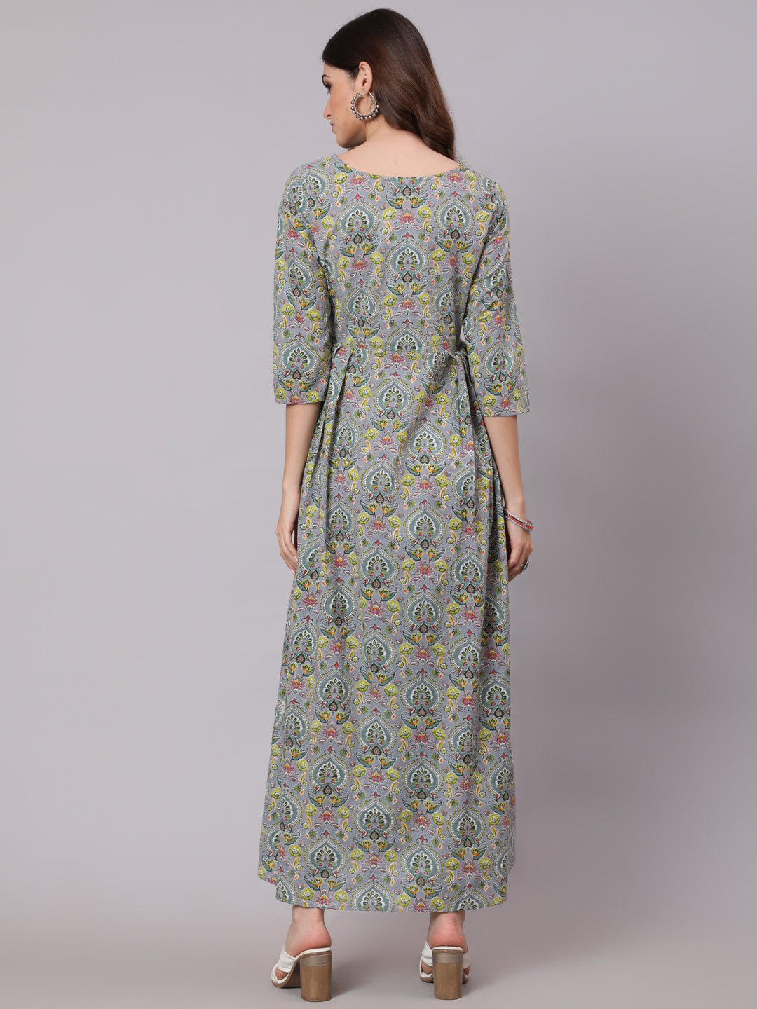 Grey Abstract Printed Plited Dress With Three Quarter Sleeves