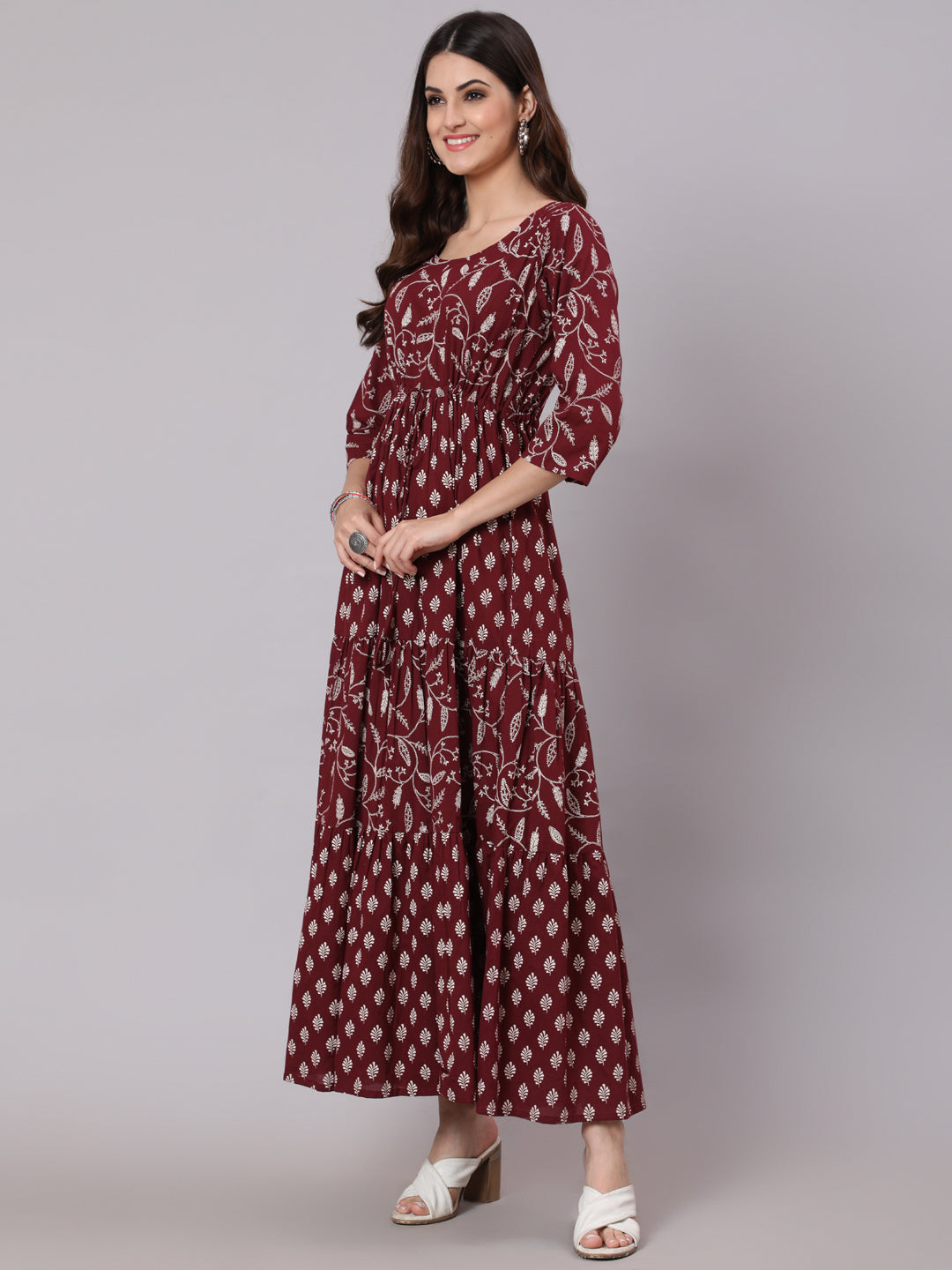 Burgundy Ethnic Printed Flared Dress With Three Quarter Sleevs