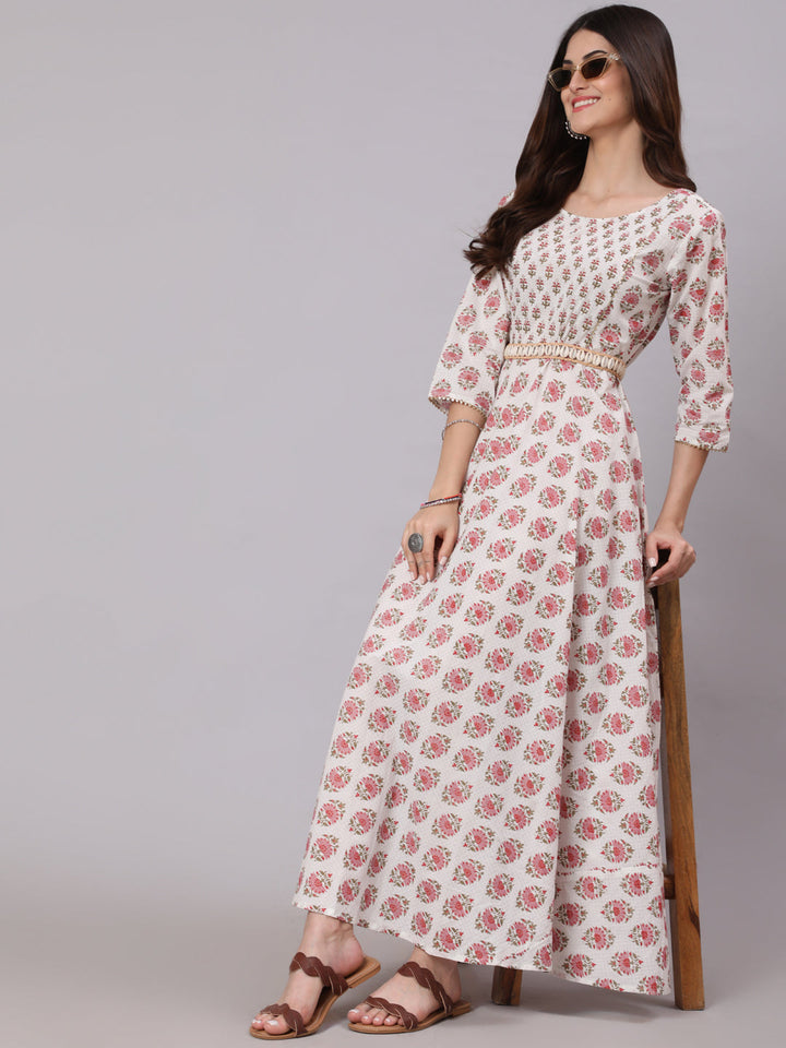 White &amp; Pink Ethnic Printed Dress With Three Quarter Sleeves