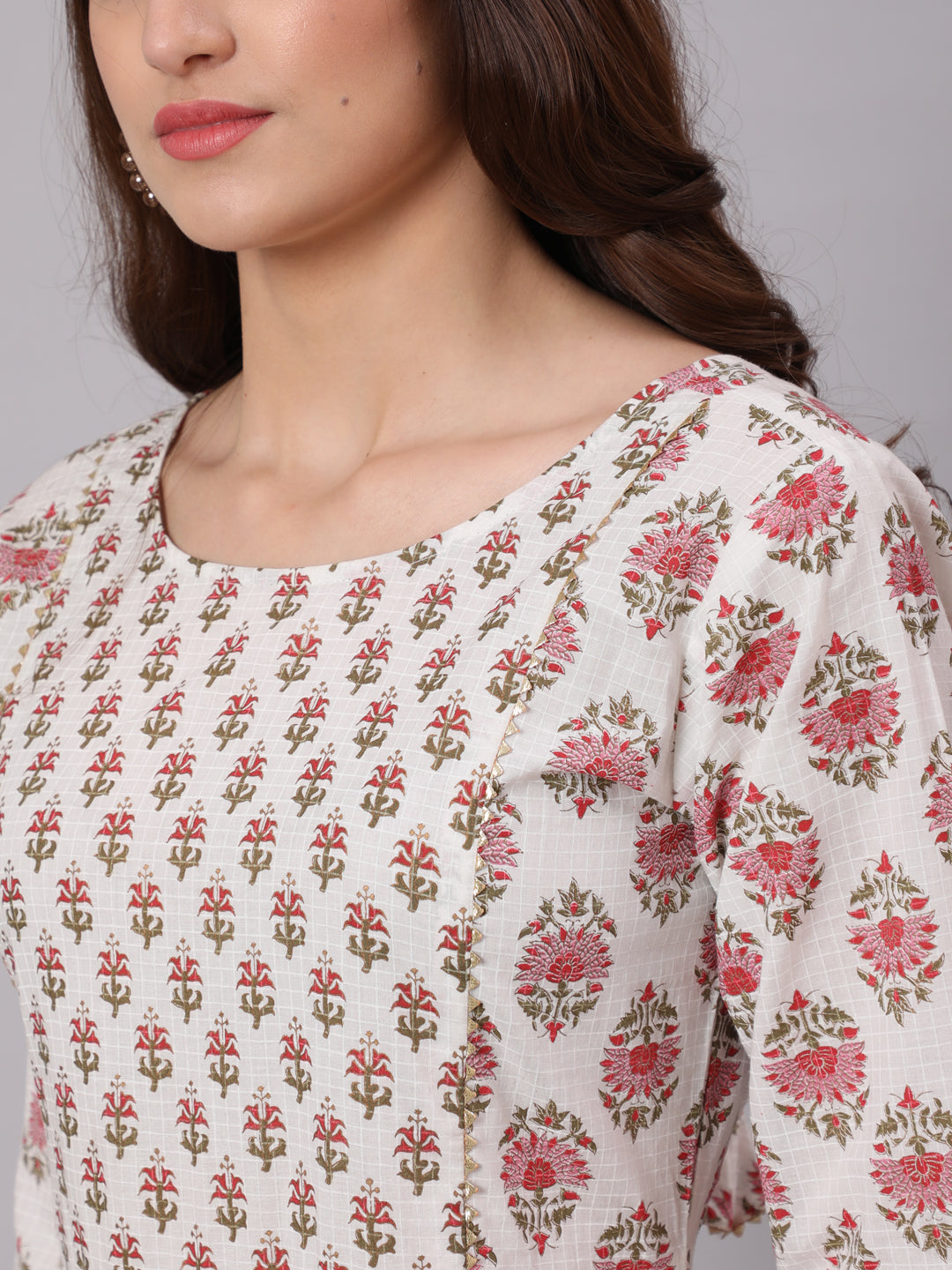 White &amp; Pink Ethnic Printed Dress With Three Quarter Sleeves