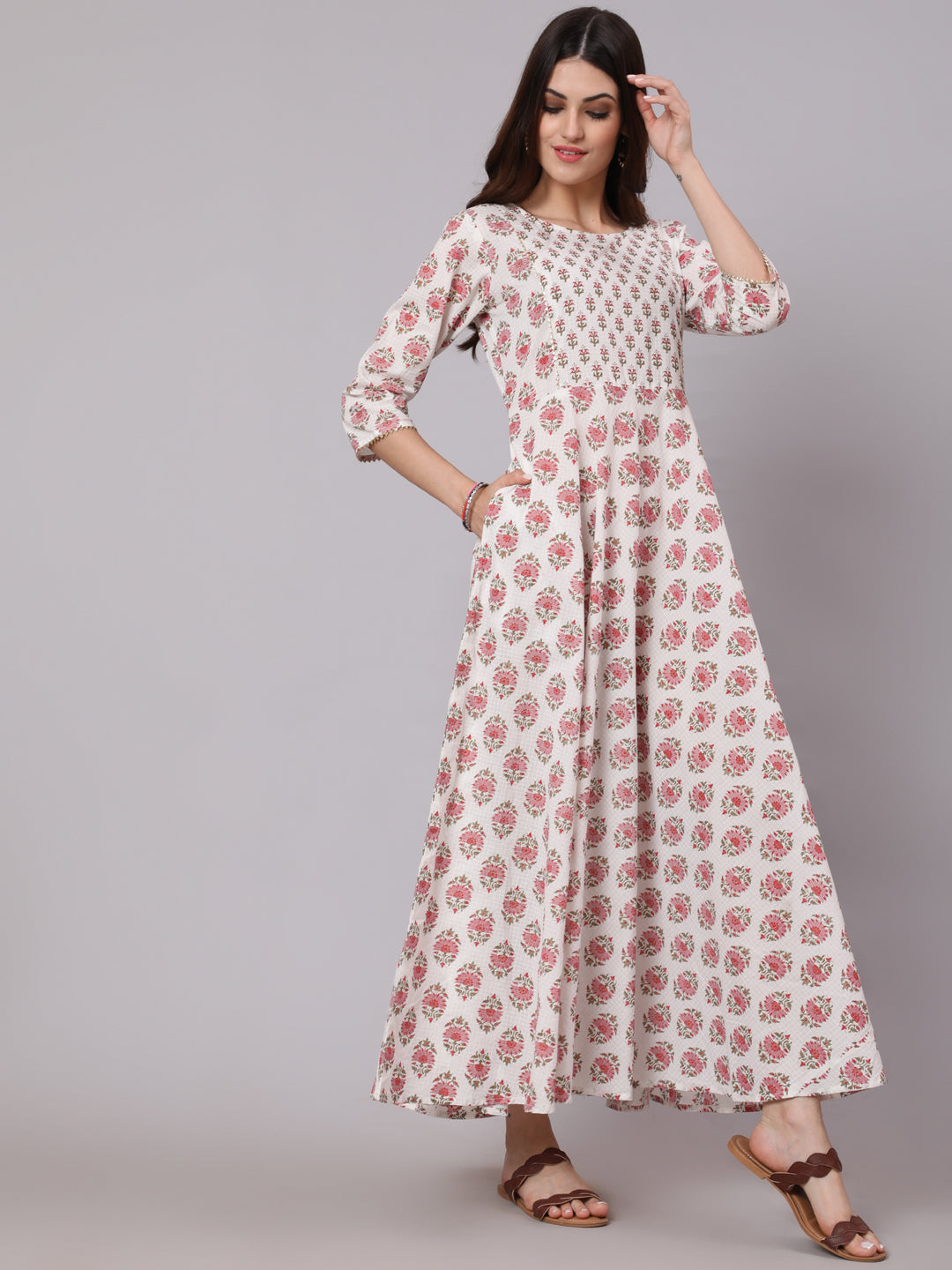 White &amp; Pink Ethnic Printed Dress With Three Quarter Sleeves