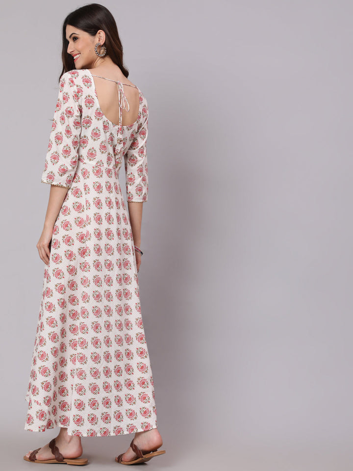 White &amp; Pink Ethnic Printed Dress With Three Quarter Sleeves