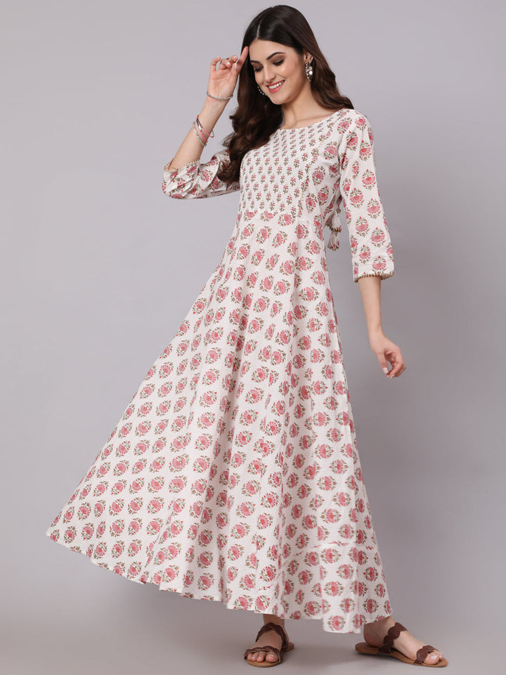 White &amp; Pink Ethnic Printed Dress With Three Quarter Sleeves