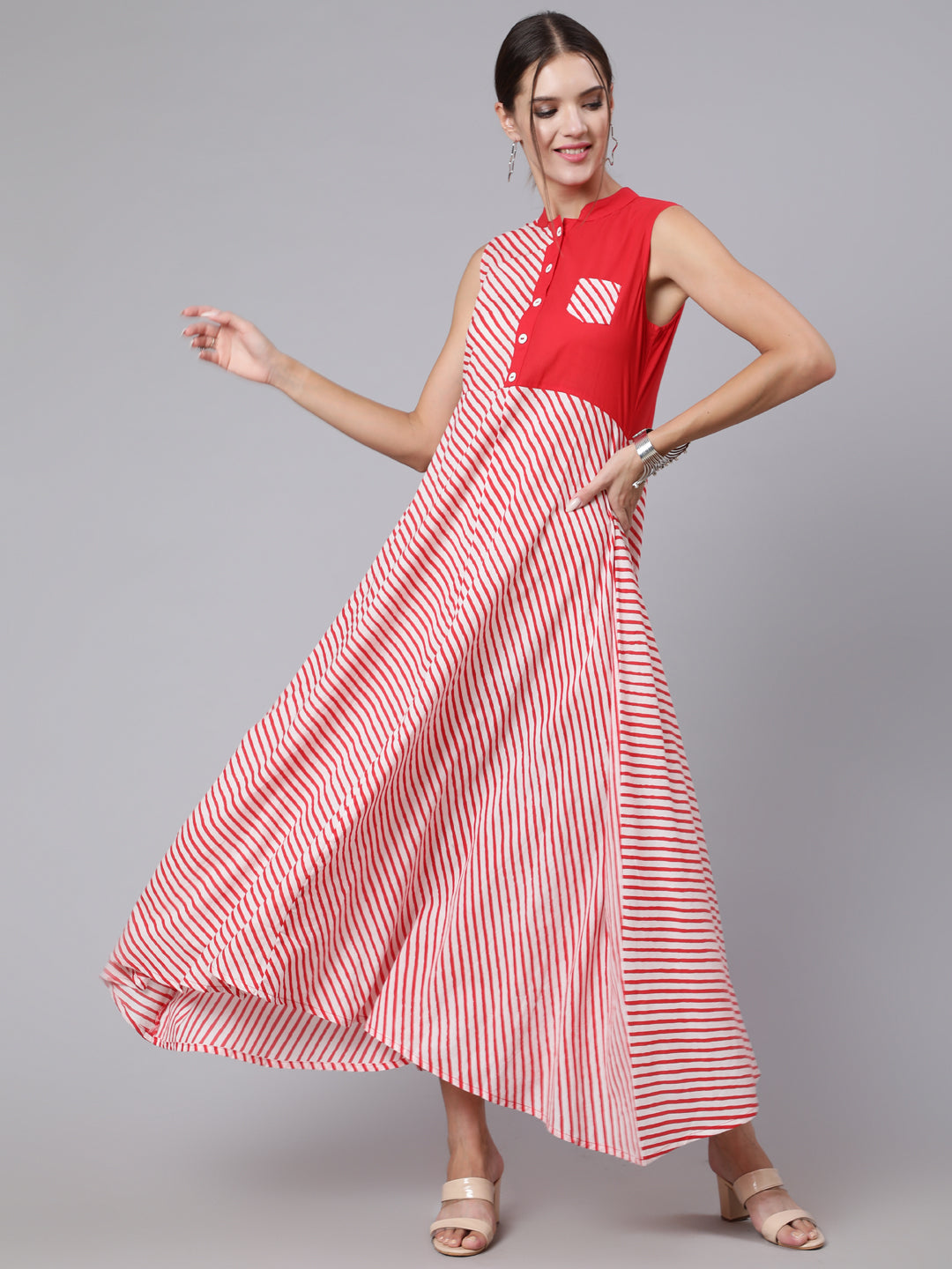 Red Stripe Printed Flared Sleeveless Dress