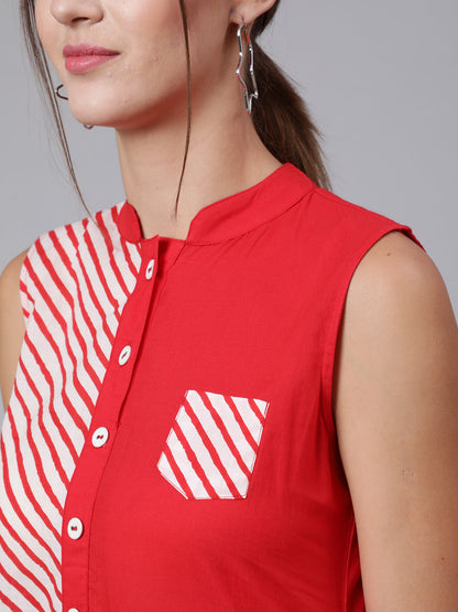 Red Stripe Printed Flared Sleeveless Dress
