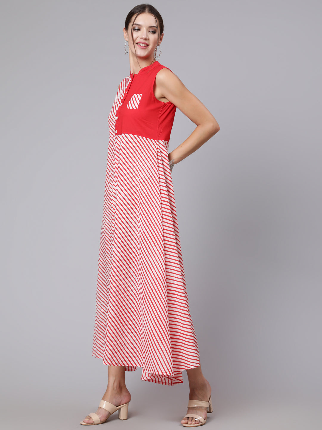 Red Stripe Printed Flared Sleeveless Dress