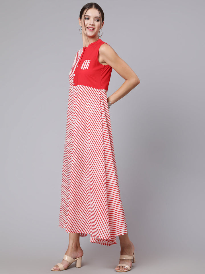 Red Stripe Printed Flared Sleeveless Dress