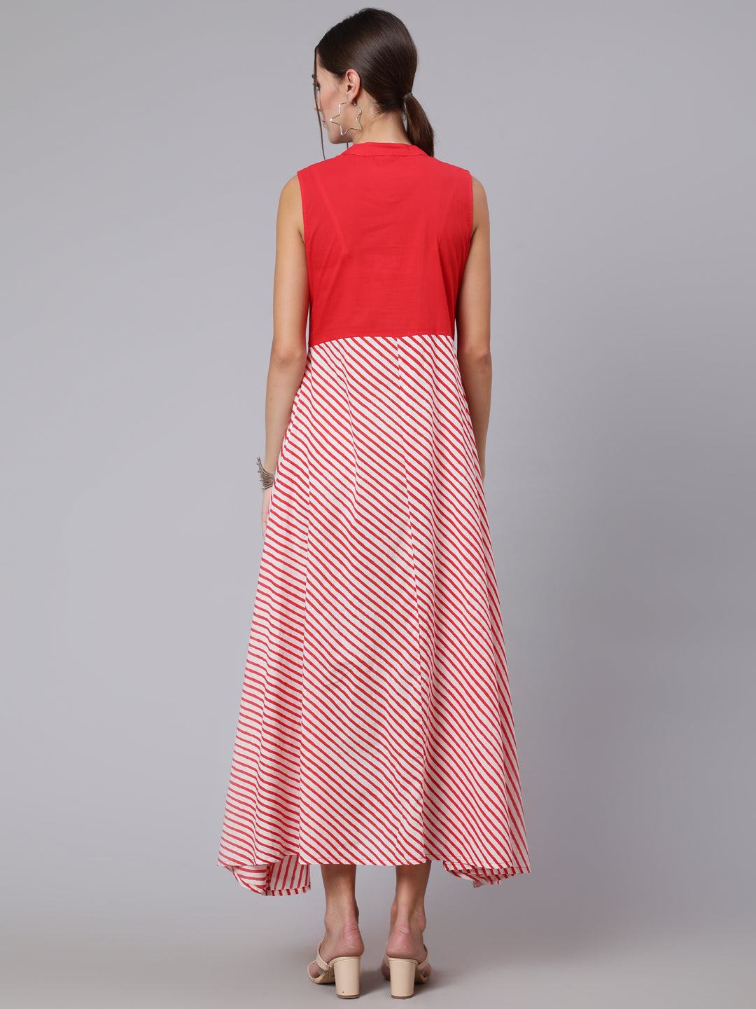 Red Stripe Printed Flared Sleeveless Dress