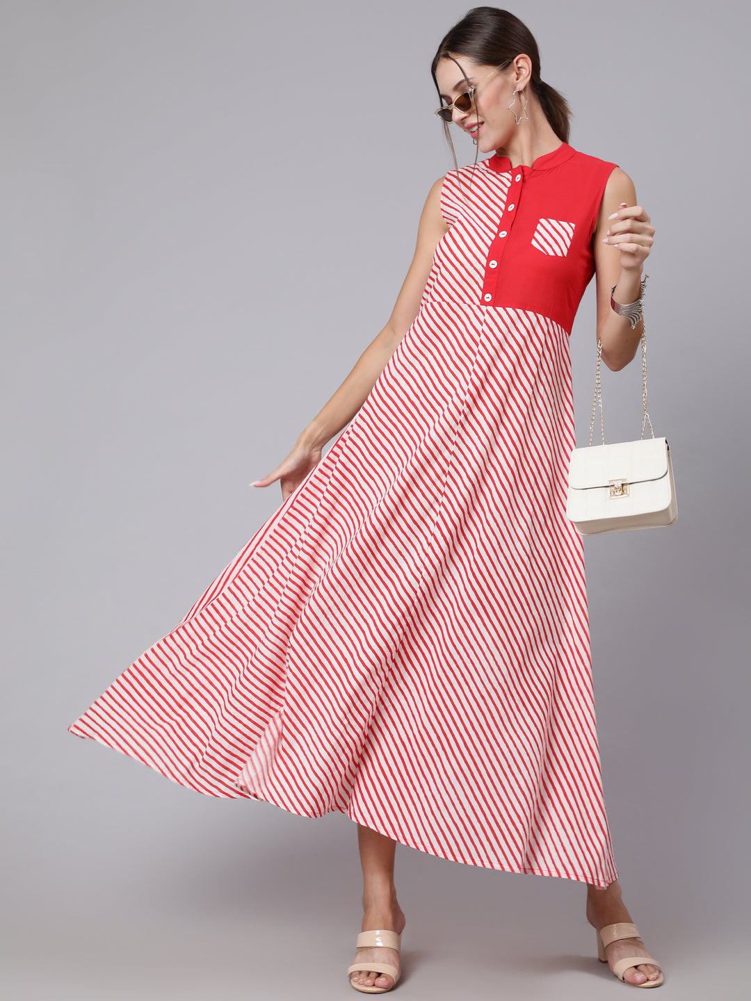 Red Stripe Printed Flared Sleeveless Dress