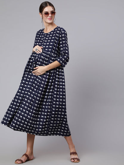 Navy Blue Ethnic Printed Flared Maternity Dress
