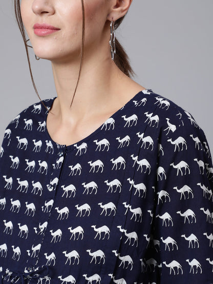 Navy Blue Ethnic Printed Flared Maternity Dress