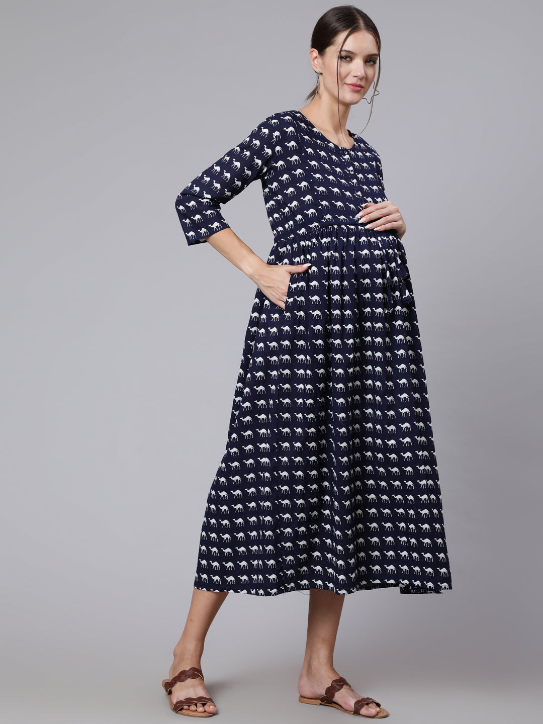 Navy Blue Ethnic Printed Flared Maternity Dress
