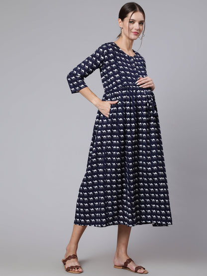 Navy Blue Ethnic Printed Flared Maternity Dress