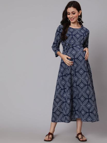 Navy Blue Ethnic Printed Flared Maternity Dress