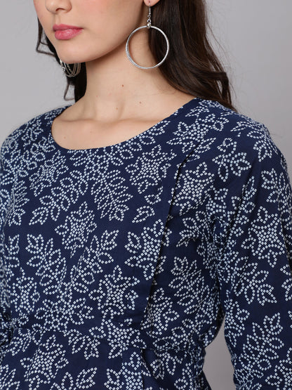 Navy Blue Ethnic Printed Flared Maternity Dress