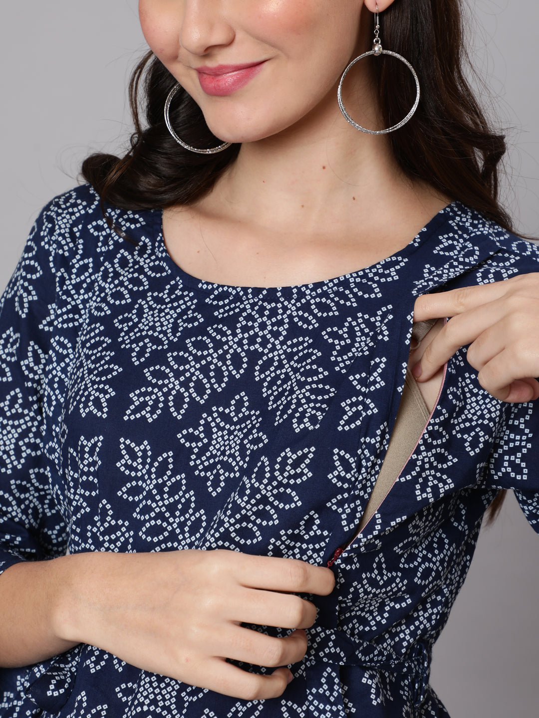 Navy Blue Ethnic Printed Flared Maternity Dress