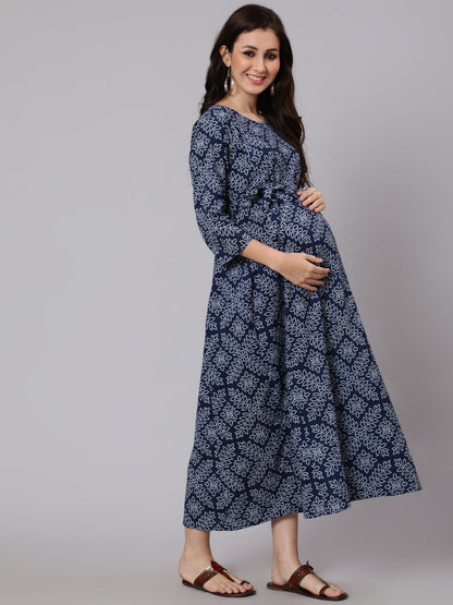 Navy Blue Ethnic Printed Flared Maternity Dress