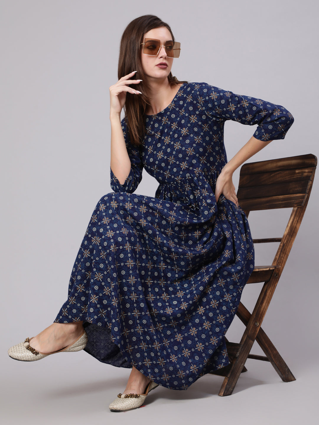 Blue Printed Flared Dress With Three Quarter Sleeves