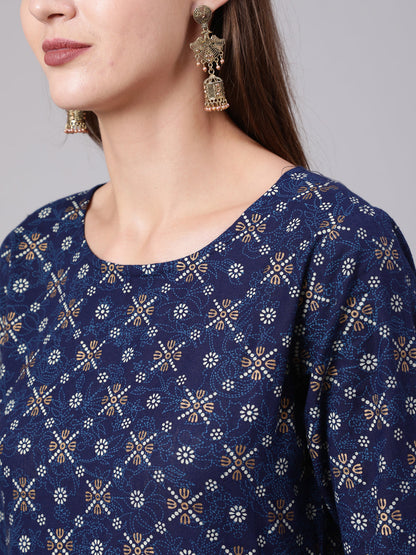 Blue Printed Flared Dress With Three Quarter Sleeves