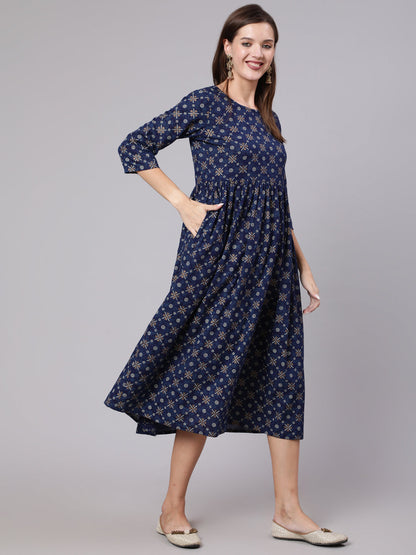 Blue Printed Flared Dress With Three Quarter Sleeves