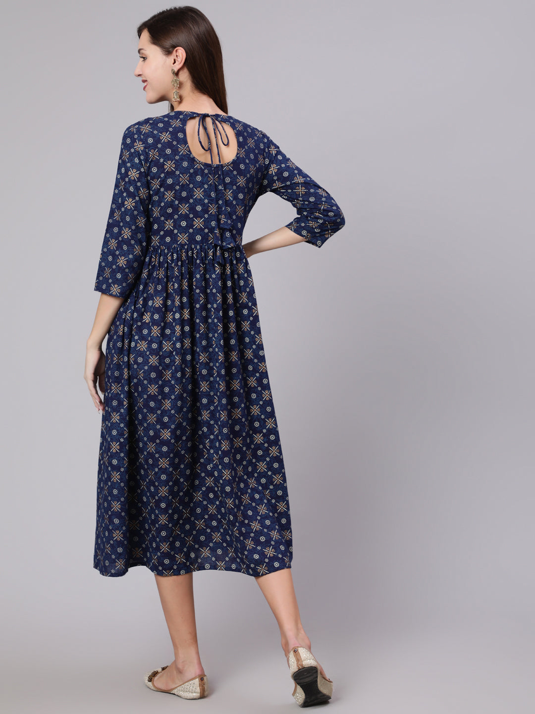 Blue Printed Flared Dress With Three Quarter Sleeves
