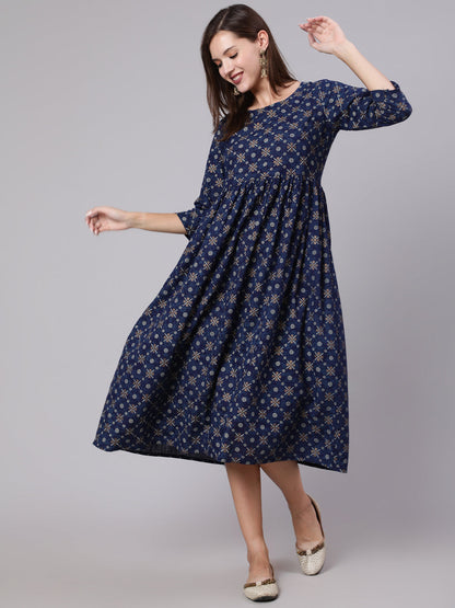 Blue Printed Flared Dress With Three Quarter Sleeves