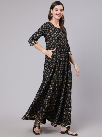 Black Printed Ethnic Dress with Gotta Details
