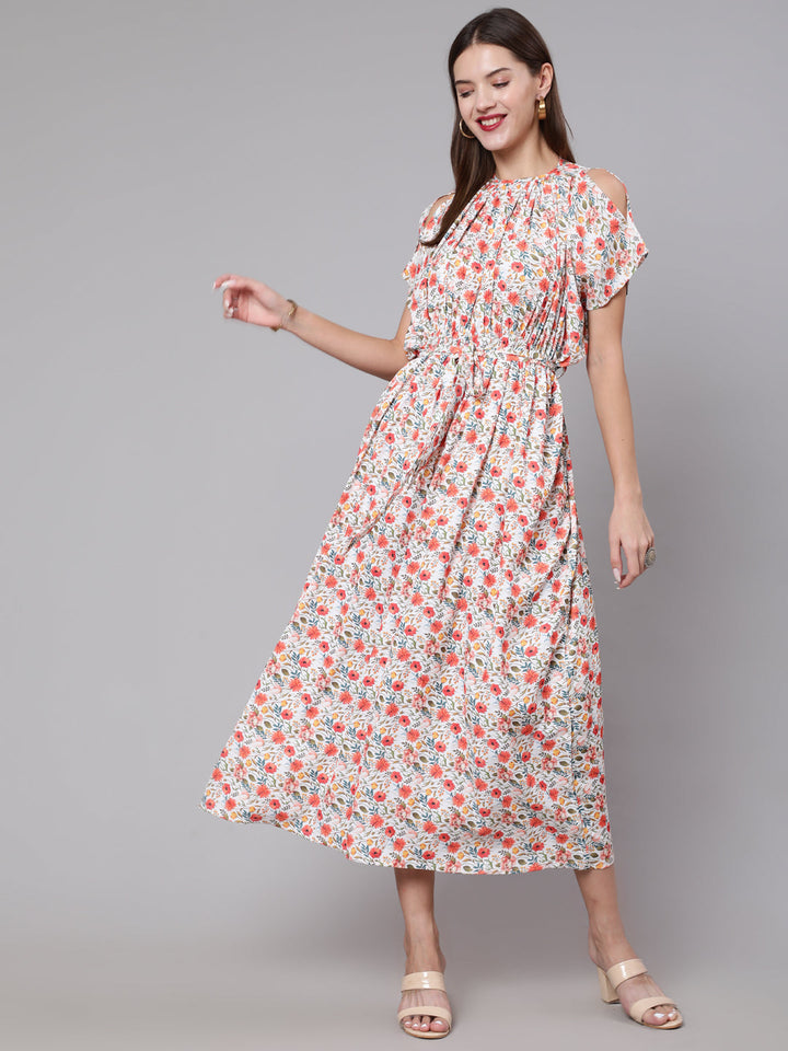 Multi Printed Flared Dress With Halter Neck