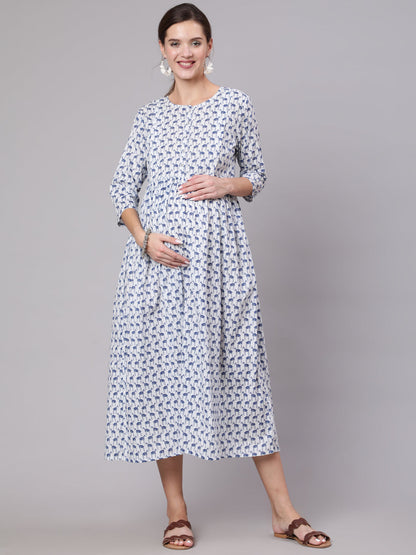 White And Blue Animal Printed Flared Maternity Dress