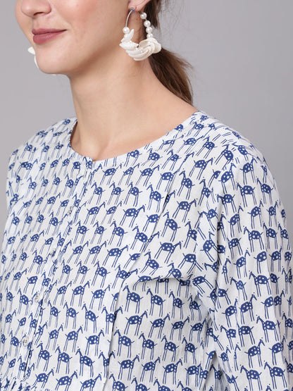 White And Blue Animal Printed Flared Maternity Dress