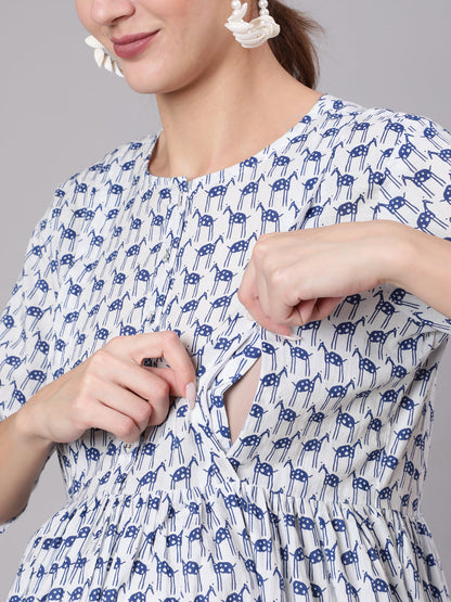 White And Blue Animal Printed Flared Maternity Dress