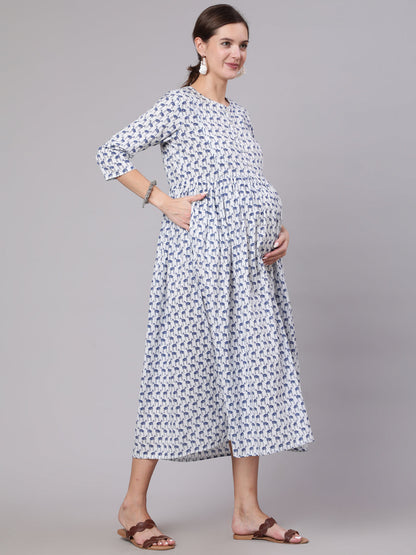 White And Blue Animal Printed Flared Maternity Dress
