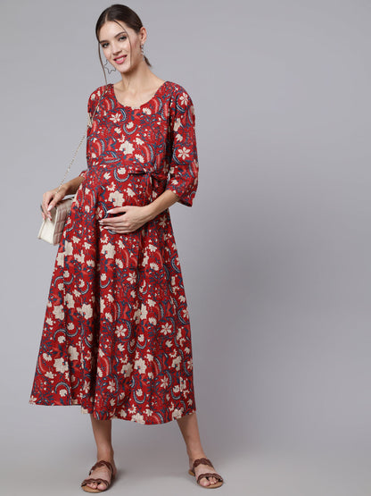 Maroon Ethinc Printed Flared Maternity Dress