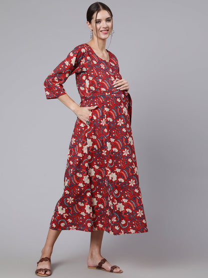 Maroon Ethinc Printed Flared Maternity Dress