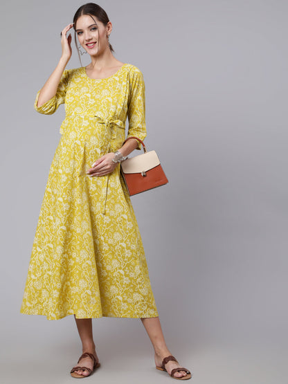 Green Ethnic Printrted Maternity Dress With Three quarter Sleeves