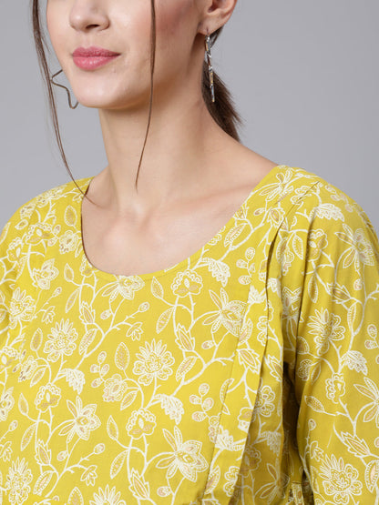 Green Ethnic Printrted Maternity Dress With Three quarter Sleeves