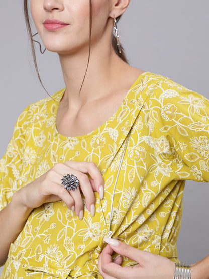 Green Ethnic Printrted Maternity Dress With Three quarter Sleeves