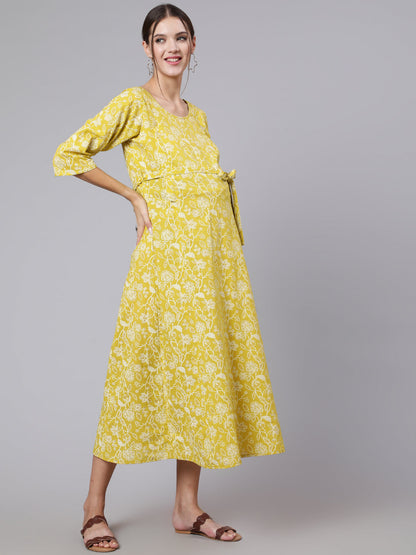Green Ethnic Printrted Maternity Dress With Three quarter Sleeves