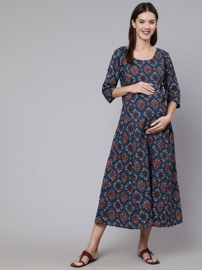 Navy Blue Ethinc Printed Flared Maternity Dress