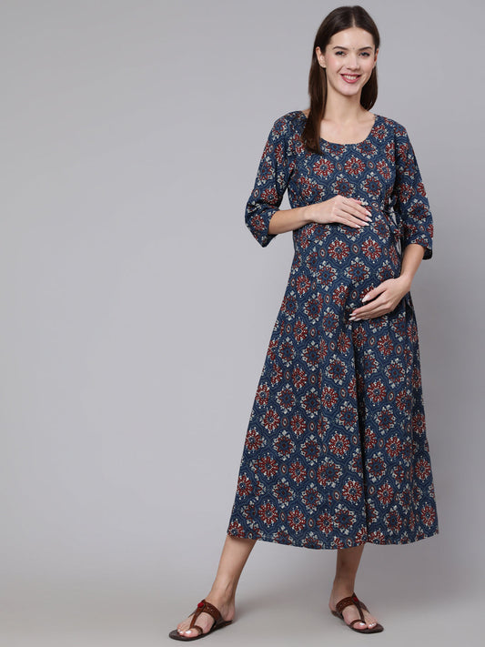 Navy Blue Ethinc Printed Flared Maternity Dress