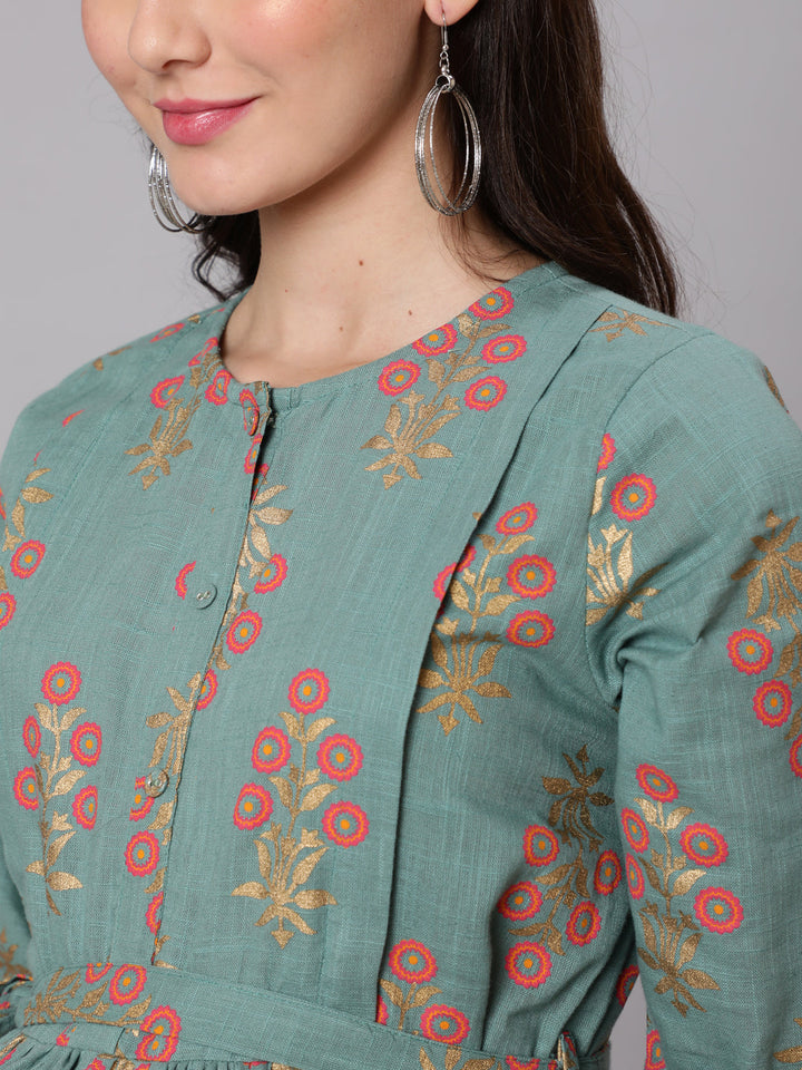 Green Ethnic Printed Flared Maternity Dress