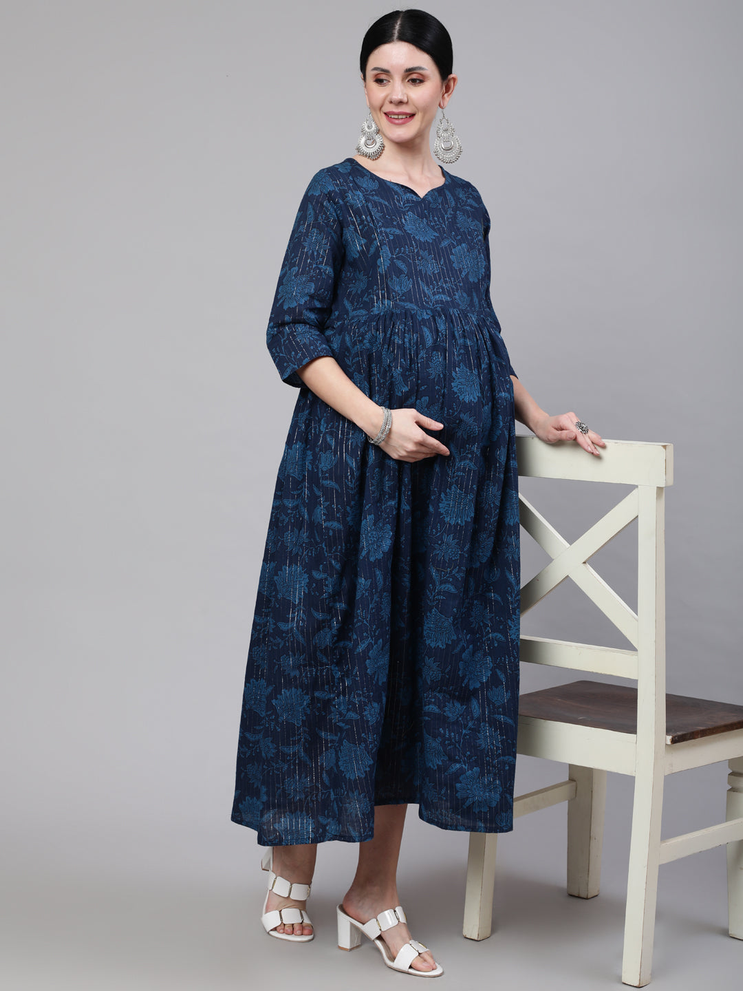 Navy Blue Ethinc Printed Flared Maternity Dress