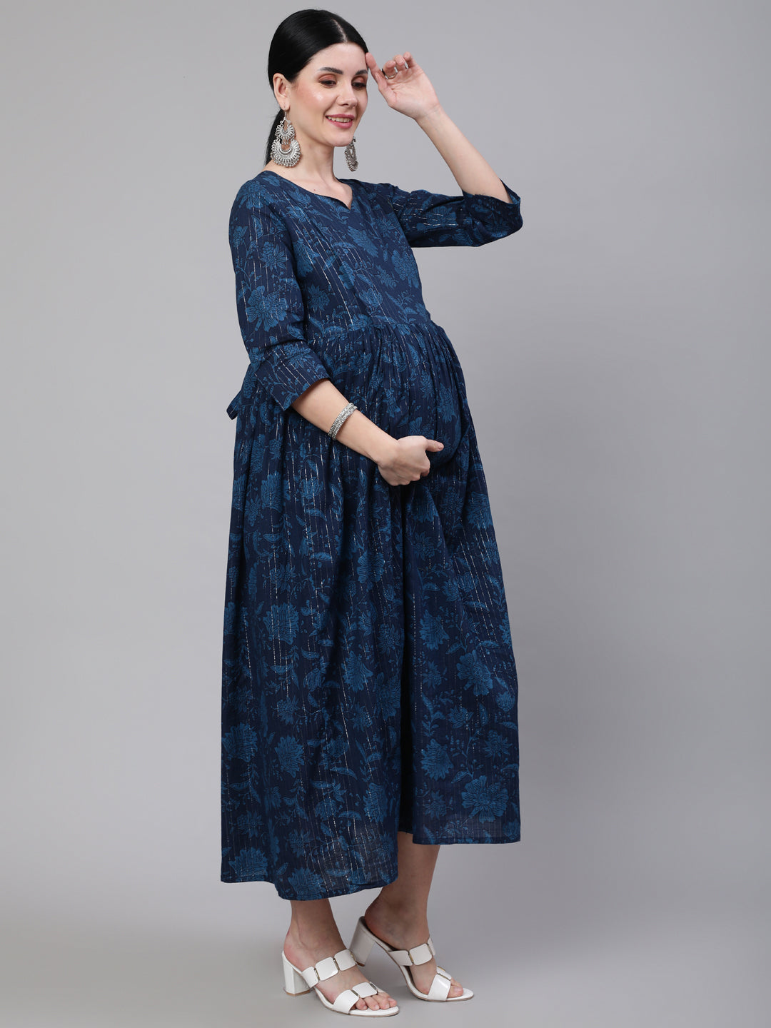 Navy Blue Ethinc Printed Flared Maternity Dress