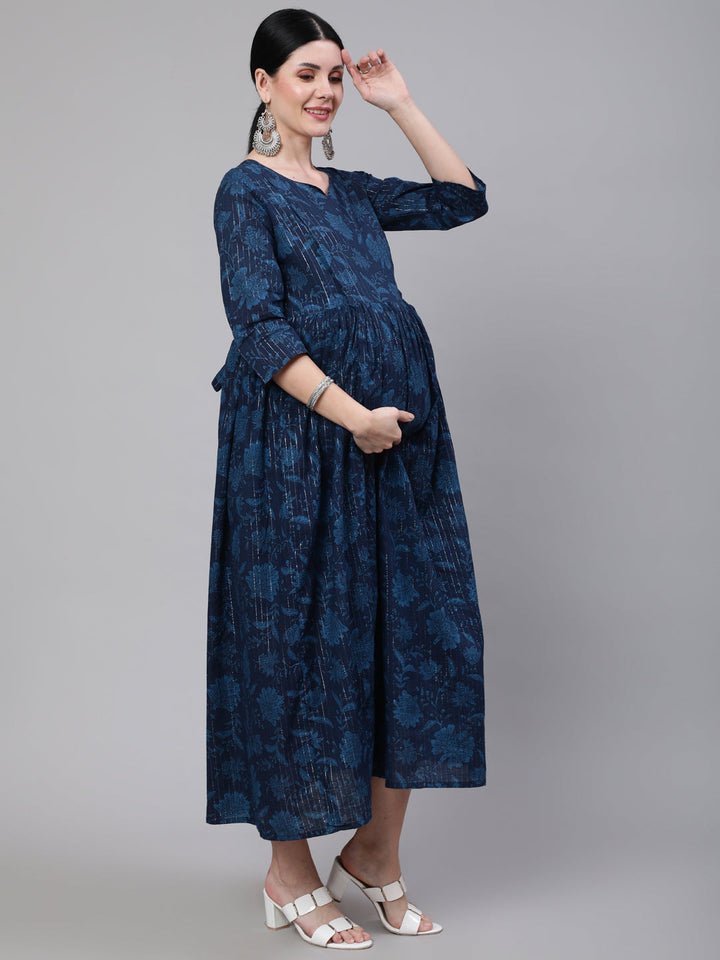 Navy Blue Ethinc Printed Flared Maternity Dress