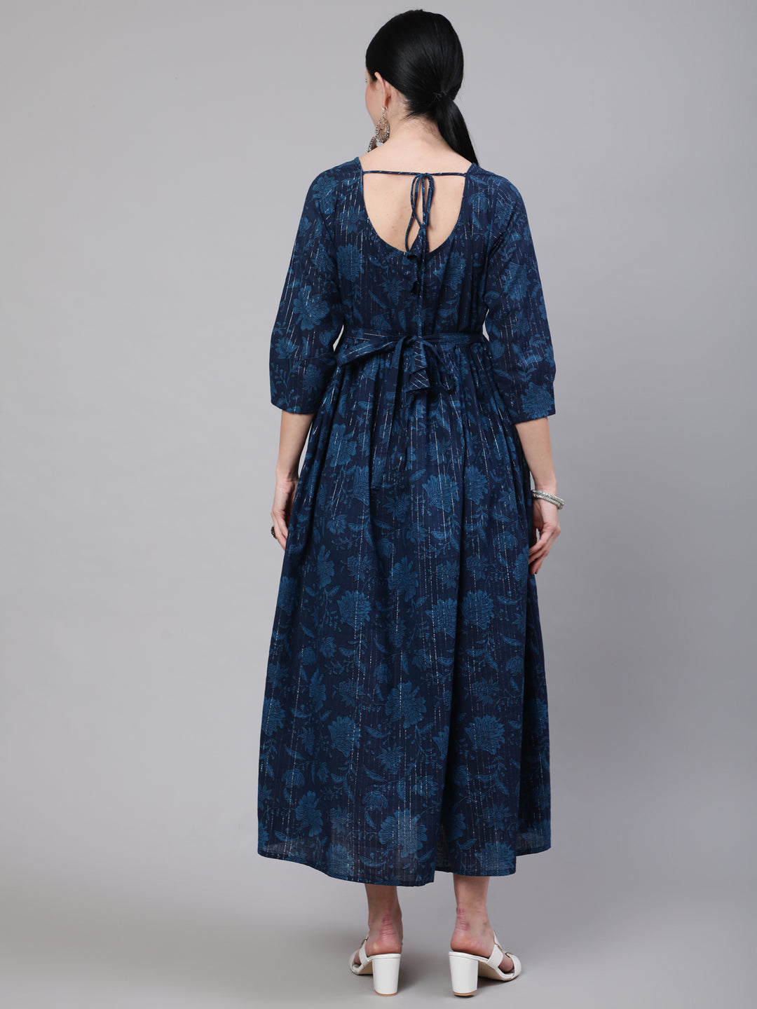 Navy Blue Ethinc Printed Flared Maternity Dress