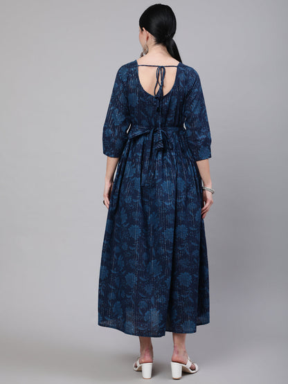 Navy Blue Ethinc Printed Flared Maternity Dress